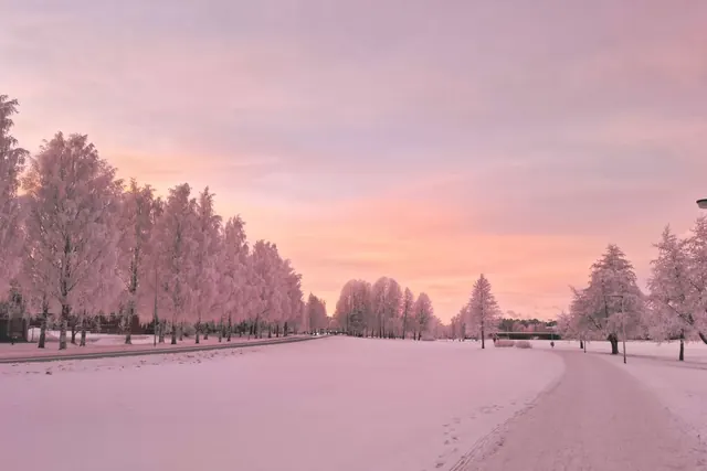 Talvinen auringonlasku lumisessa maisemassa Oulussa