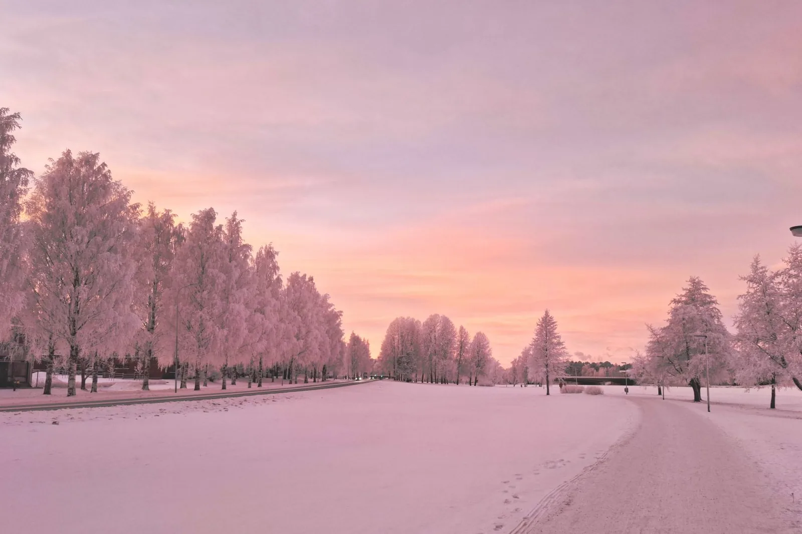 Talvinen auringonlasku lumisessa maisemassa Oulussa